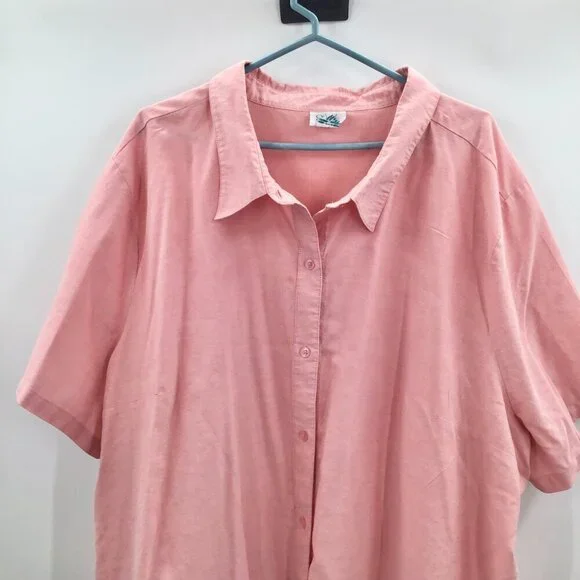 Women's 4X Button Down Shirt Pink Oxford Cotton Blend Short Sleeve Straight Hem - Picture 3 of 9